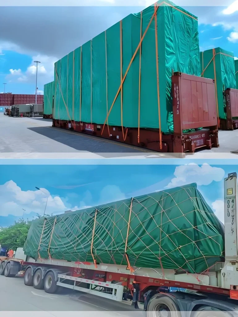 Multiple flat rack containers loaded with tall cargo wrapped in green protective sheeting and secured with orange ratchet straps, illustrating standard lashing methods for preventing cargo shift in rough seas.