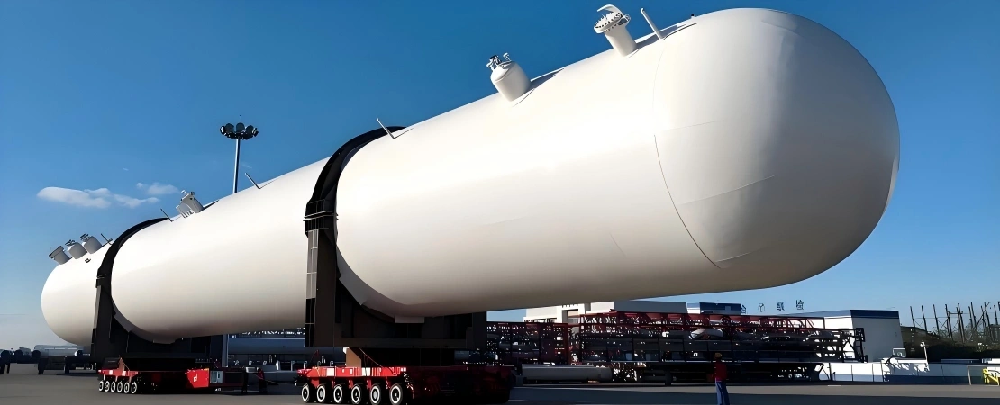 Two massive white pressure vessels with spherical ends being transported on red self-propelled modular trailers (SPMT), highlighting heavy lift logistics for oversized industrial equipment