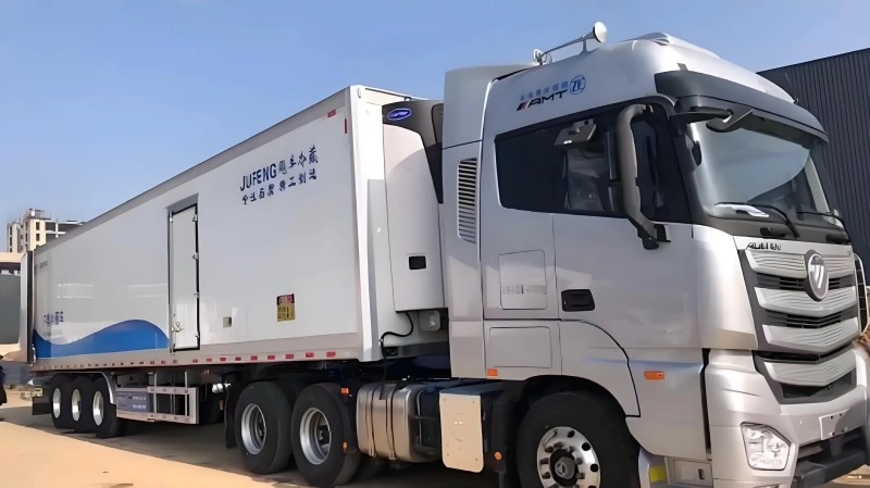 Modern refrigerated truck used for energy-efficient cold chain logistics and low carbon temperature-controlled transport